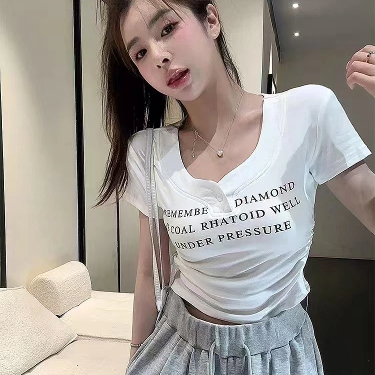 D25038纯欲辣妹性感字母印花褶皱收腰V领短袖T恤