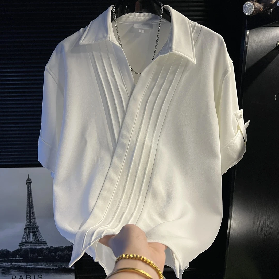 高级感男装港风休闲纯色衬衫时尚百搭痞帅宽松韩版短袖百搭上衣