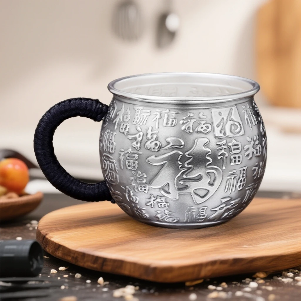 足银银制品 足银999复古家用纯手工带把主人杯大容量浮雕银茶杯