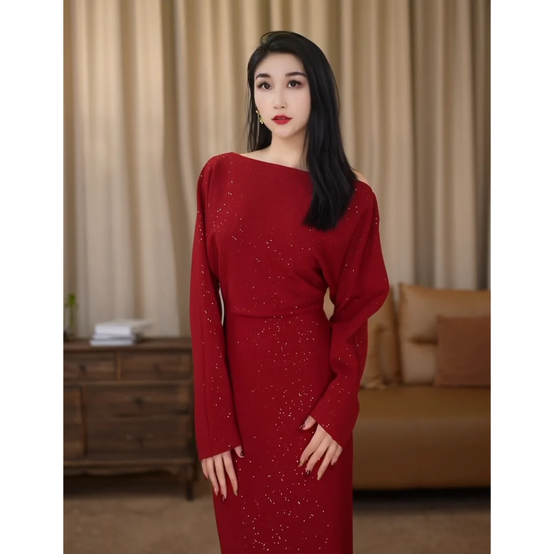 【金穗】春款星光杳杳法式复古大气蝙蝠袖修身高腰连衣裙-VG0050