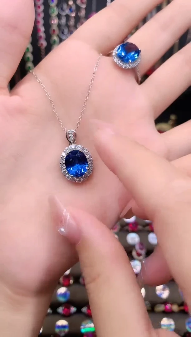 蓝宝石吊坠(赠链)银S925镶嵌911