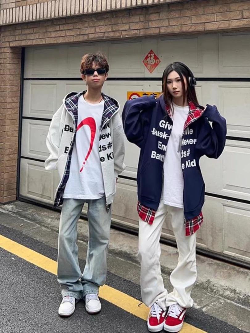 《头头女装》格子设计感衬衫拼接假两件外套字母印花连帽卫衣#13207