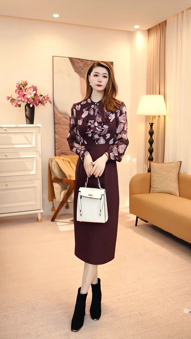 气质百搭春秋季显瘦连衣裙修身高腰长款时尚设计师 86157