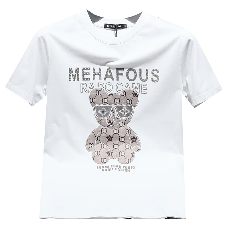 泰维肯戈卡通小熊短袖t恤男士潮流圆领夏季白色修身半袖体恤时尚