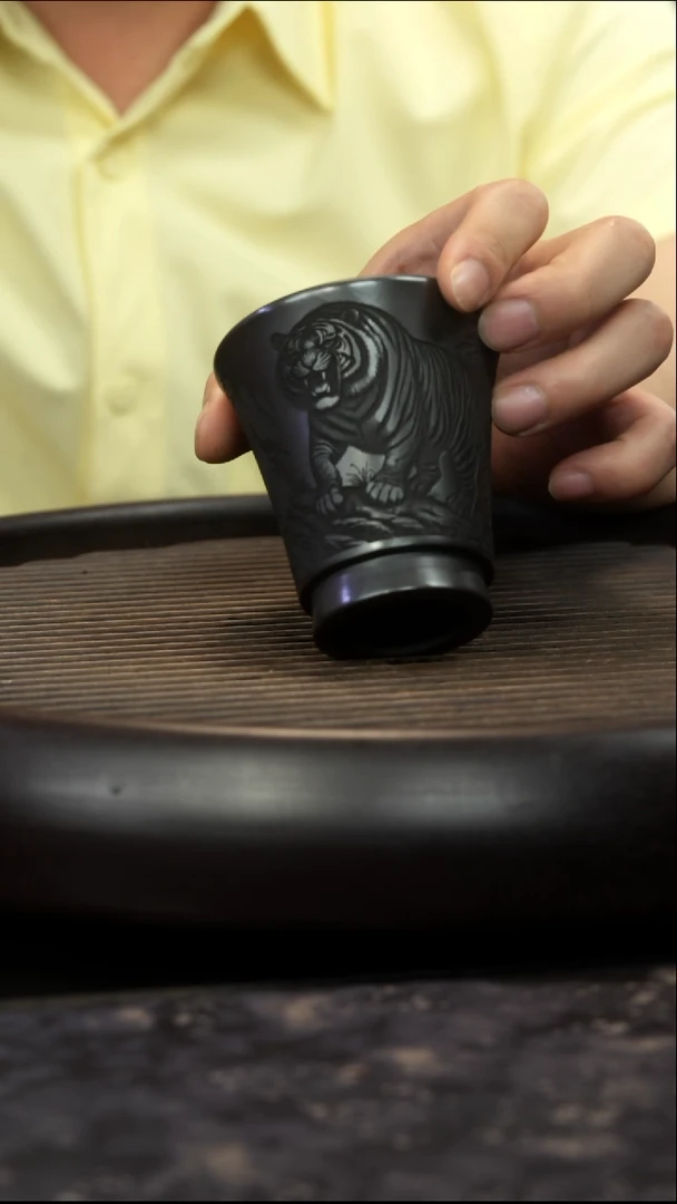 茶壶紫砂石黄 君子杯 刻绘虎