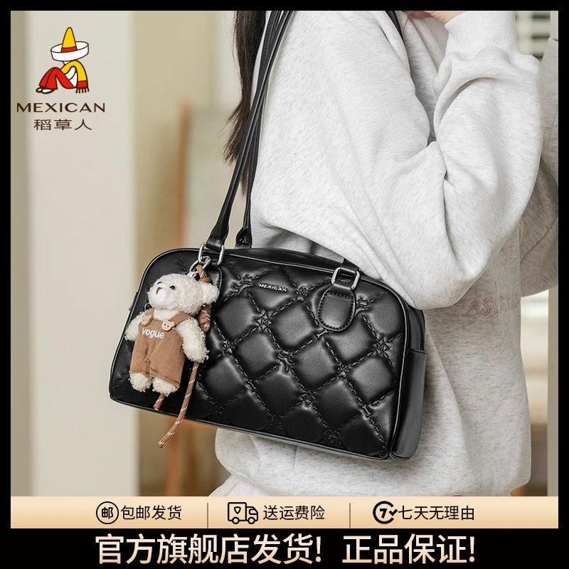 稻草人菱格保龄球包秋冬新款包包气质高级感托特包甜美单肩包女包