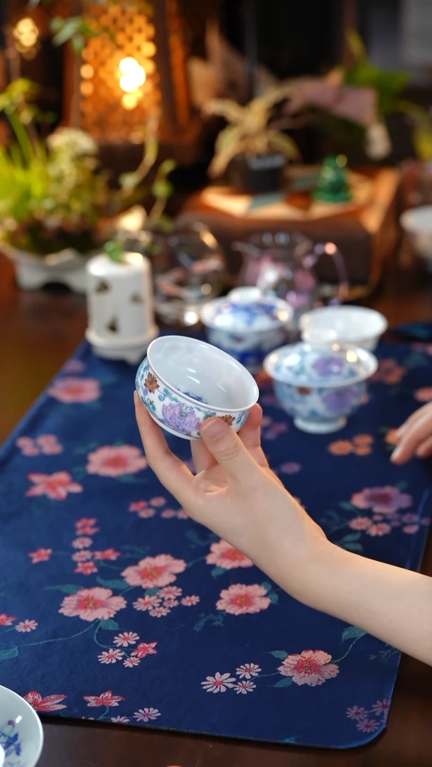 枕溪—青花斗彩缠枝莲杯XY044国风中式手绘