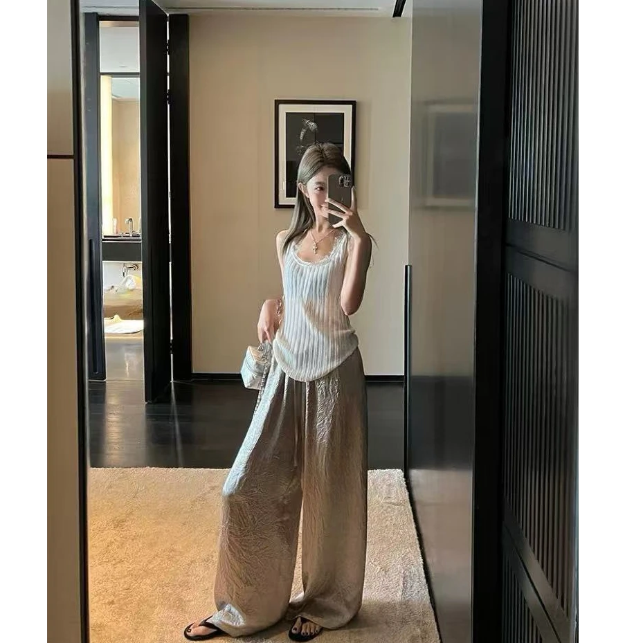 猫猫加长女裤高个子褶皱直筒阔腿裤8852