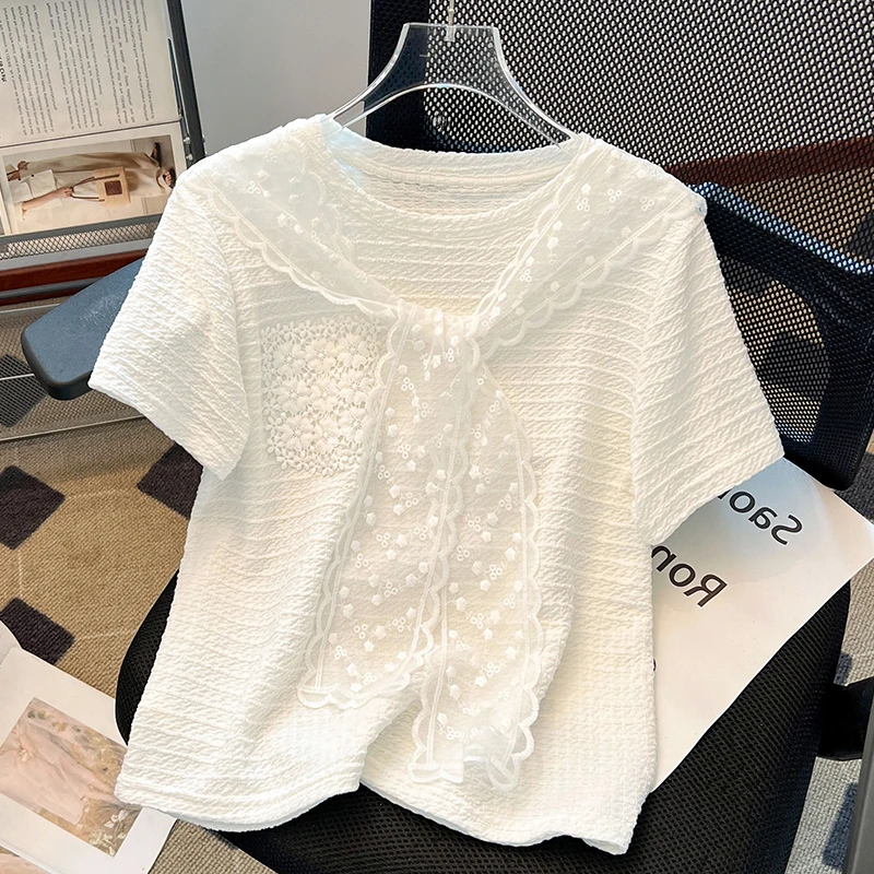 档口不确定开 韩系甜美蕾丝披肩上衣女装洋气减龄宽松正肩短袖T恤