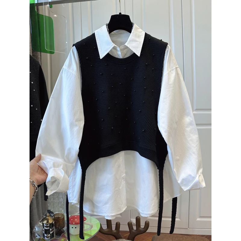 高级感飘带针织马甲钉珠白衬衫女上衣宽松时尚两件套2025早春新款