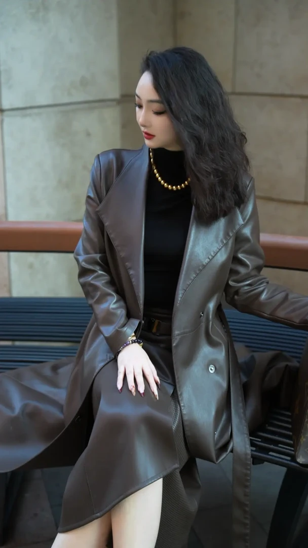 【工厂绵羊皮现货-加棉】海宁皮衣女长款显瘦韩版气质秋季风衣外套