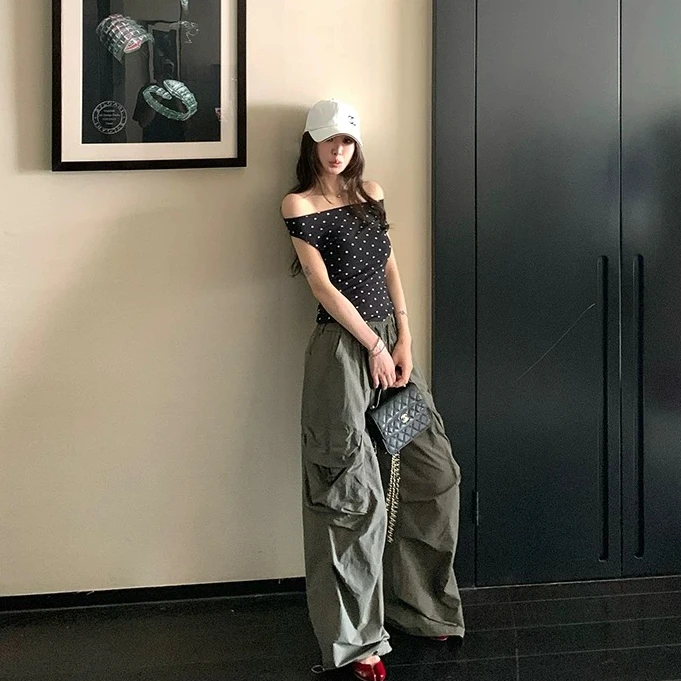 十三行OLIVE-夏季福秒斜肩连袖两穿波点上衣#2627