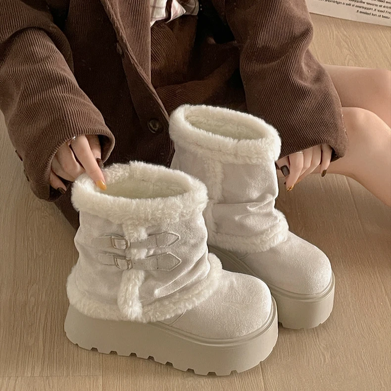 林北北白色复古厚底加绒加厚雪地靴女款秋冬季保暖东北毛毛棉鞋子