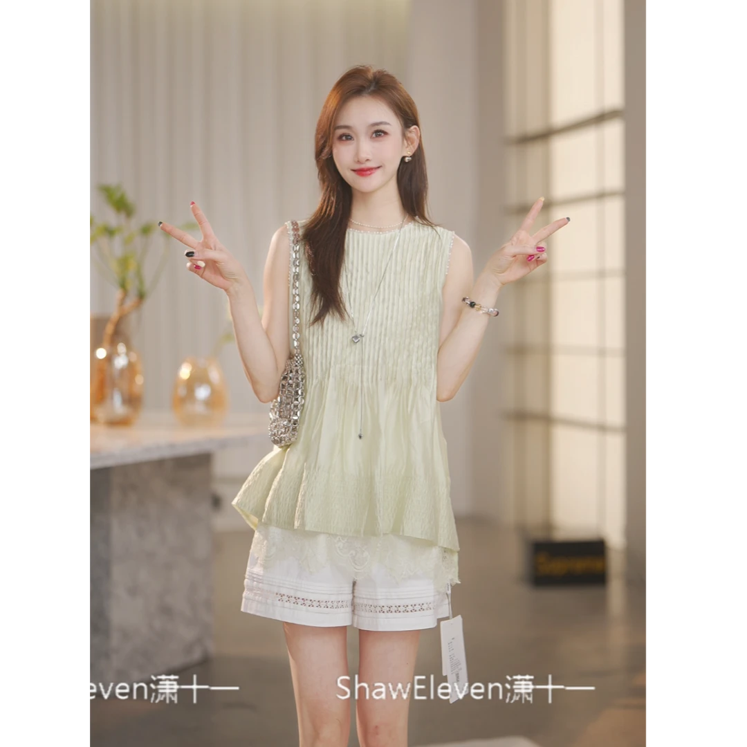 【Shaw Eleven】2025夏法式细塔克线拼蕾丝圆领超仙醋酸上衣881084