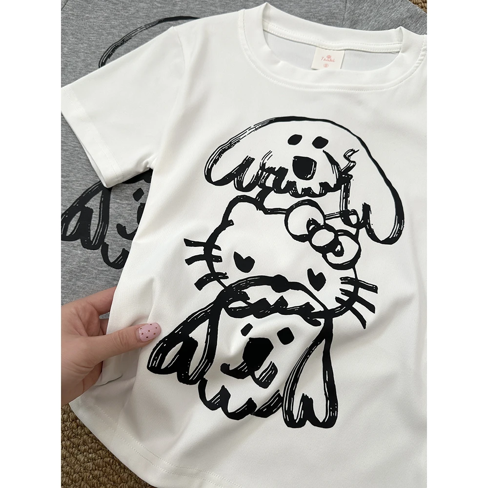 小狗猫咪印花圆领短袖2025夏季新款修身休闲减龄设计T恤女