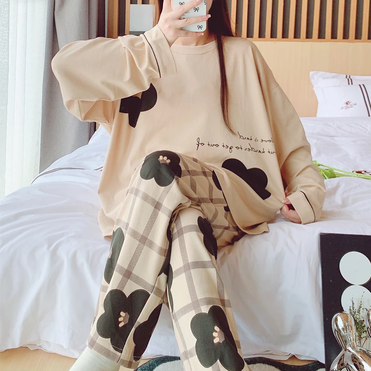 大码睡衣女春秋季纯棉加肥加大码胖mm200斤宽松家居服套装2
