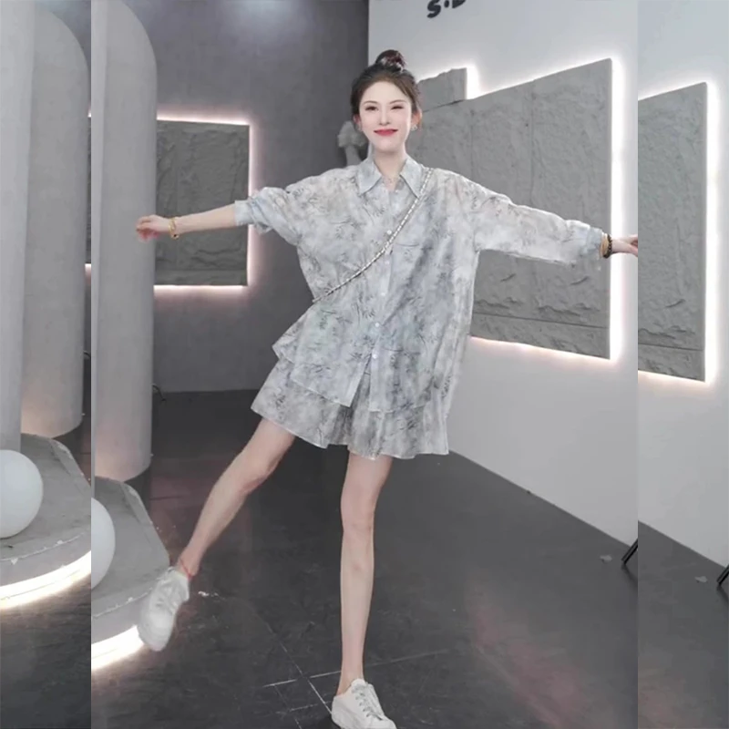 宽松长袖水墨风衬衫外套女2025夏季新款韩版薄款阔腿运动短裤套装