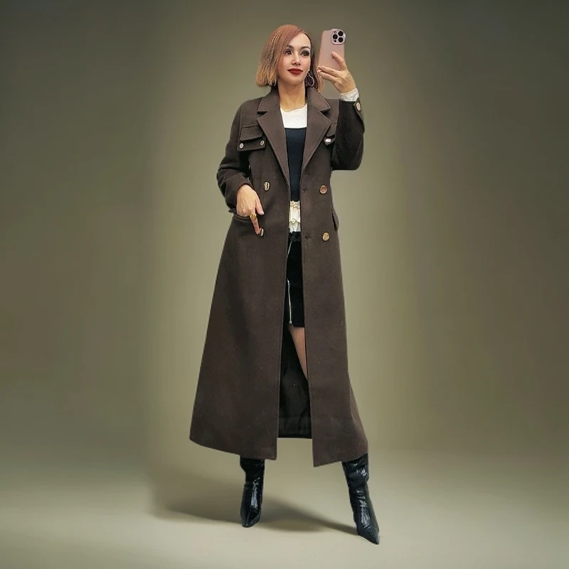 女生过膝超长时尚收腰修身显瘦开叉气质毛呢大衣882