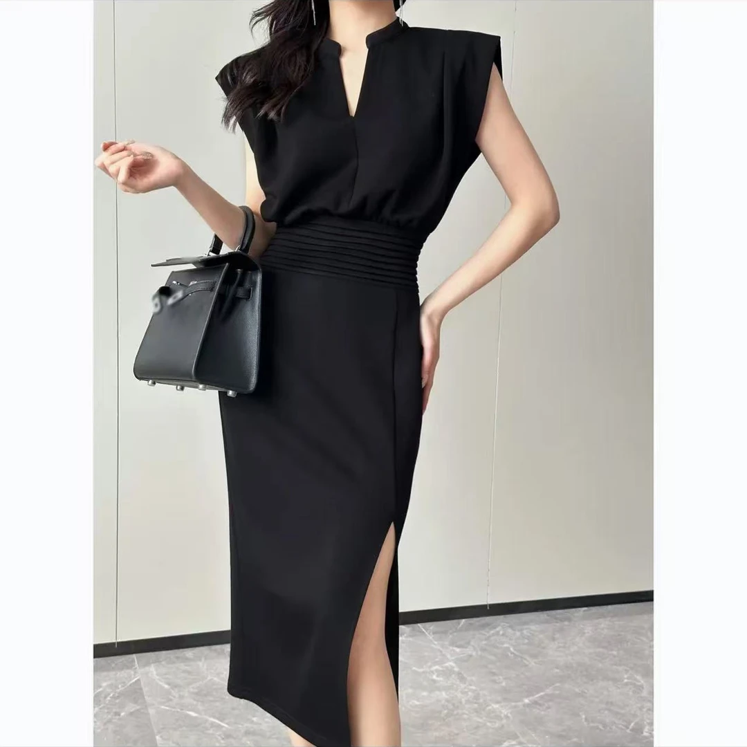 高端黑色包臀礼服开叉连衣裙子女夏新款高级感气质修身显瘦小黑裙