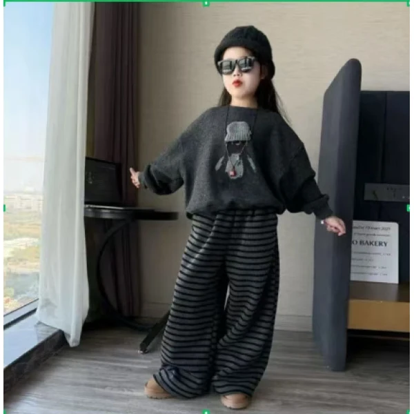 条纹560克仿兔毛女童阔腿裤