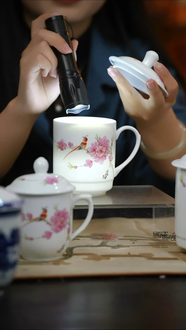 瓷1头手绘水点桃花2号皇冠杯