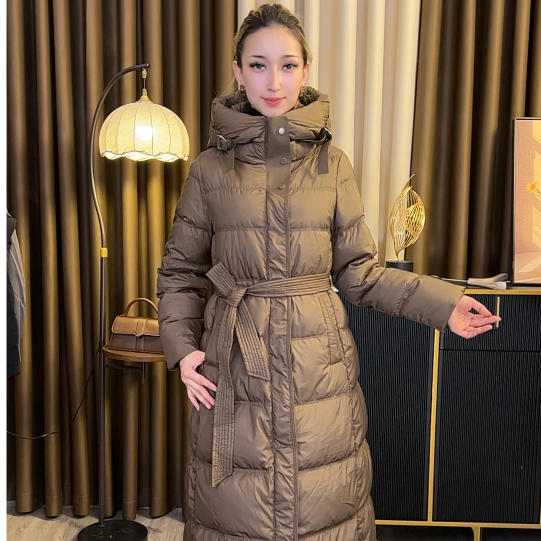 163修身拉链冬装显瘦连帽长款鹅绒服中长款女士长袖女