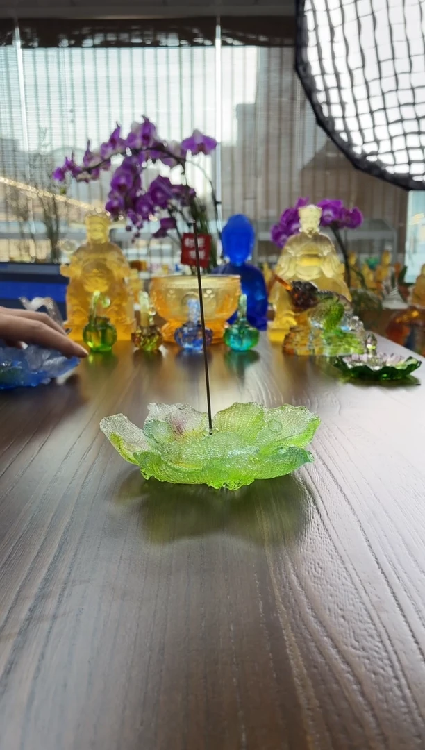 手工艺品琉璃绿色牡丹花线香插12公分