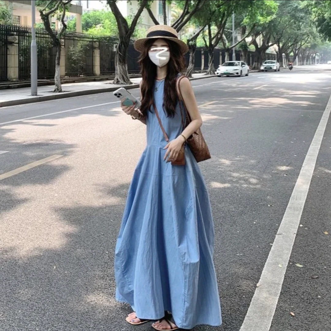 夏季法式莱赛尔连衣裙无袖背心裙宽松显瘦禅意风显瘦长裙子XJ002
