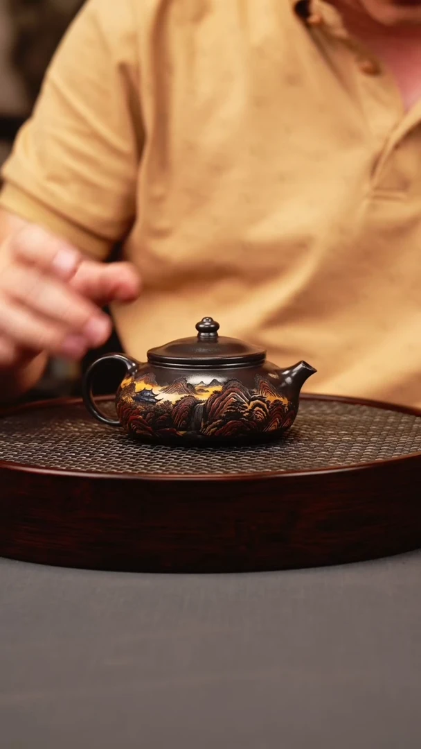 茶壶紫砂石黄 寒江 彩刻山水