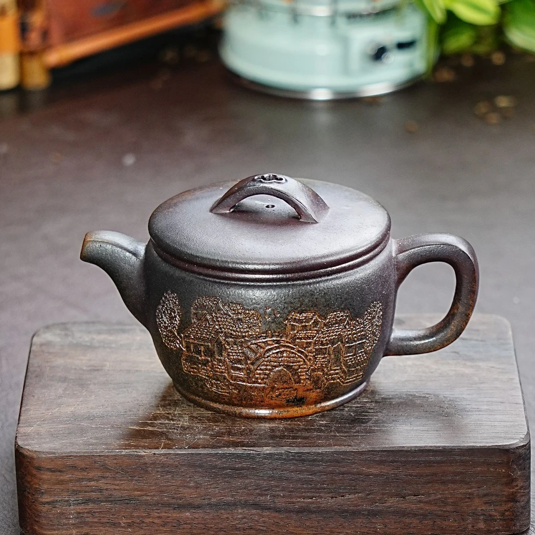 【2978天行健汉瓦壶】宜兴原矿紫砂手工刻绘天行健 落釉烧紫砂壶