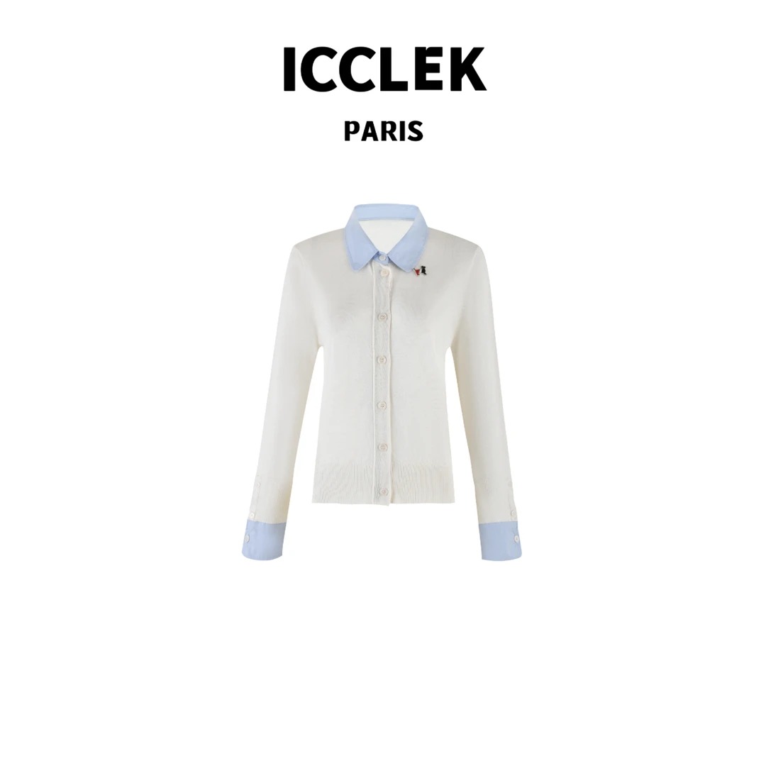 ICCLEK 翻领撞色长袖针织衫气质轻奢名媛时尚百搭显瘦上衣 -2837