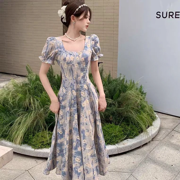 大码微胖蓝色油画碎花法式小众连衣裙女裙子胖mm遮肚显瘦长裙1748