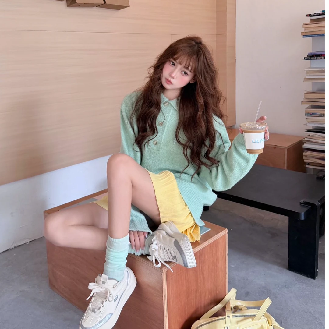 甜美外穿简约纯色宽松长袖上衣性感辣妹半身裙洋气休闲百搭两件套