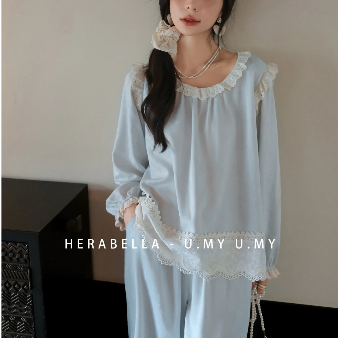 2025秋季新款睡衣女艾蕾甜美蕾丝花边拼接家居服法式复古长袖套装
