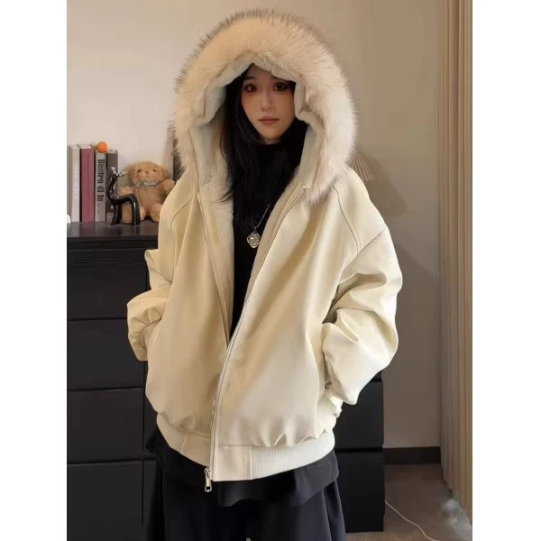 美式新款拉链宽松型连帽加绒加厚款棉服宽松秋冬保暖男女休闲百搭