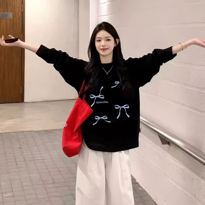 孕妇装蝴蝶结长袖纯棉打底衫孕妈t恤女2025春秋韩版宽松孕妇上衣
