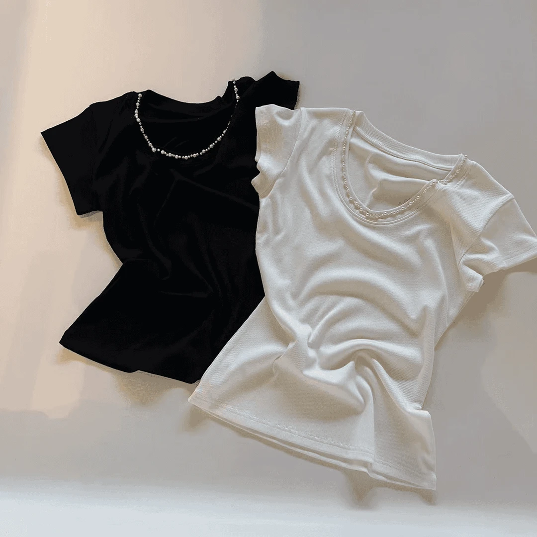 韩版百搭2026年时尚显瘦珍珠领口针织短袖百搭纯色上衣W1-72