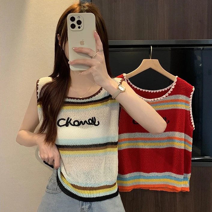 【工厂直销】新款条纹背心女新款撞色设计感百搭内搭外穿无袖上衣