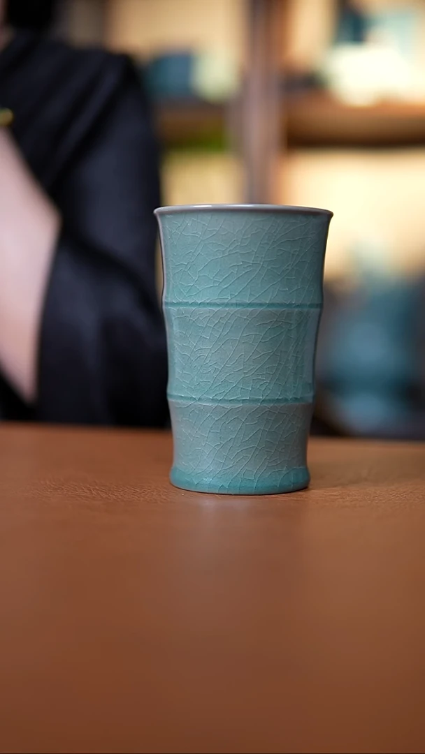 杯仿古翡翠绿釉竹节大可乐杯大瑕