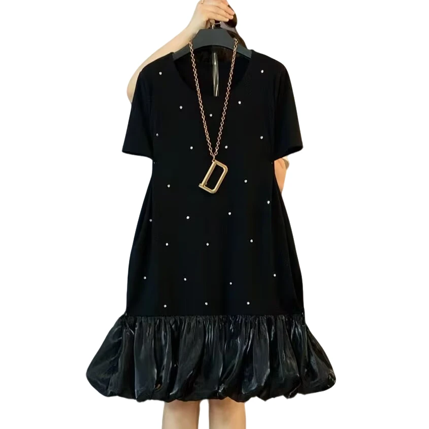 大维罗依YH 欧货钉钻拼接荷叶下摆气质显瘦连衣裙