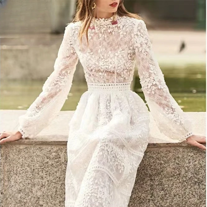 平凡高定！白色蕾丝刺绣气质礼服连衣裙S0101(第9杠)