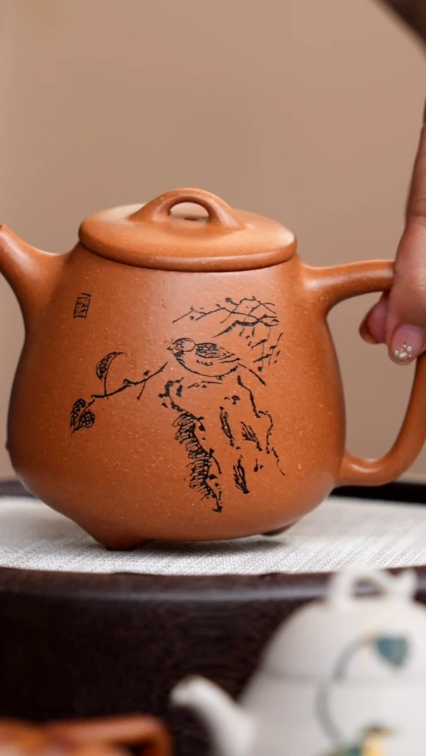 茶壶紫砂段泥花鸟高石瓢