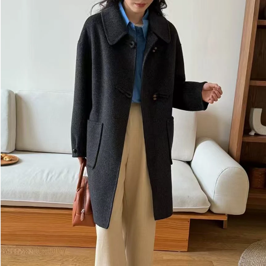 双面羊毛木桃扣大衣女中长款2024冬季高级感减龄小个子羊毛外套