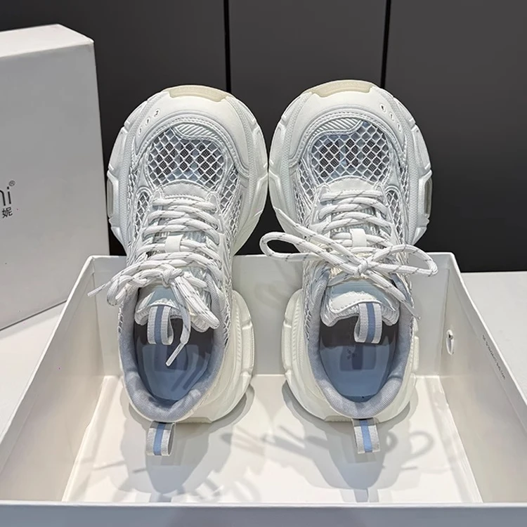 小怪兽透气老爹鞋女2025夏季新款厚底网面系带镂空增高运动休闲鞋