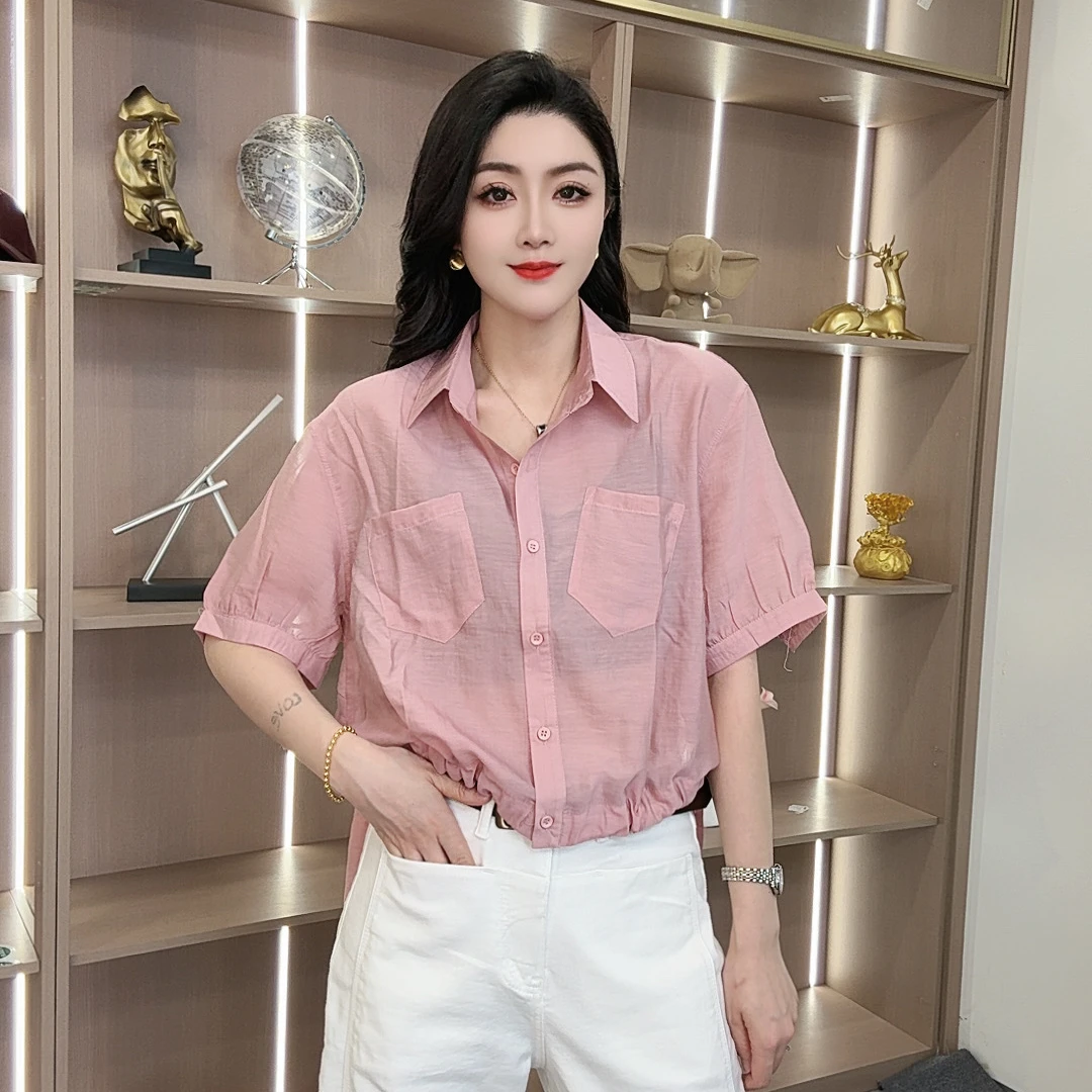 【众帆女装】夏季薄款小众气质洋气上衣衬衣领百搭韩版纯色女装