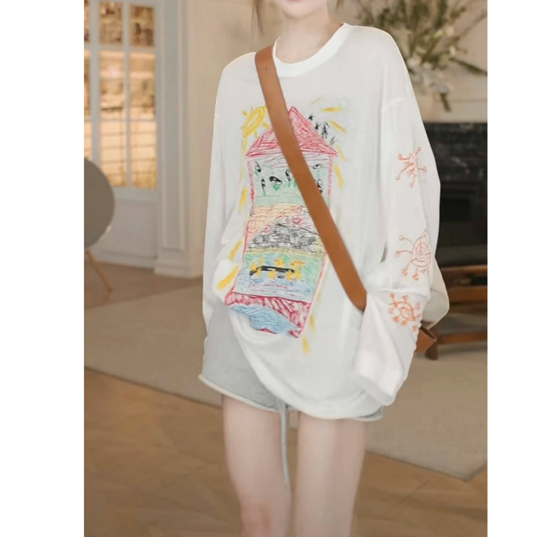 设计感圆领手绘涂鸦柔滑轻盈宽松落肩显瘦T恤女2025夏季重工上衣