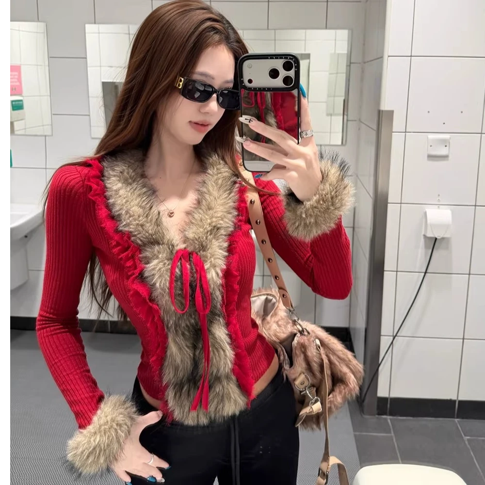 爱依服【断码】红色秋冬收腰设计感毛领系带修身打底上衣女时尚毛衣