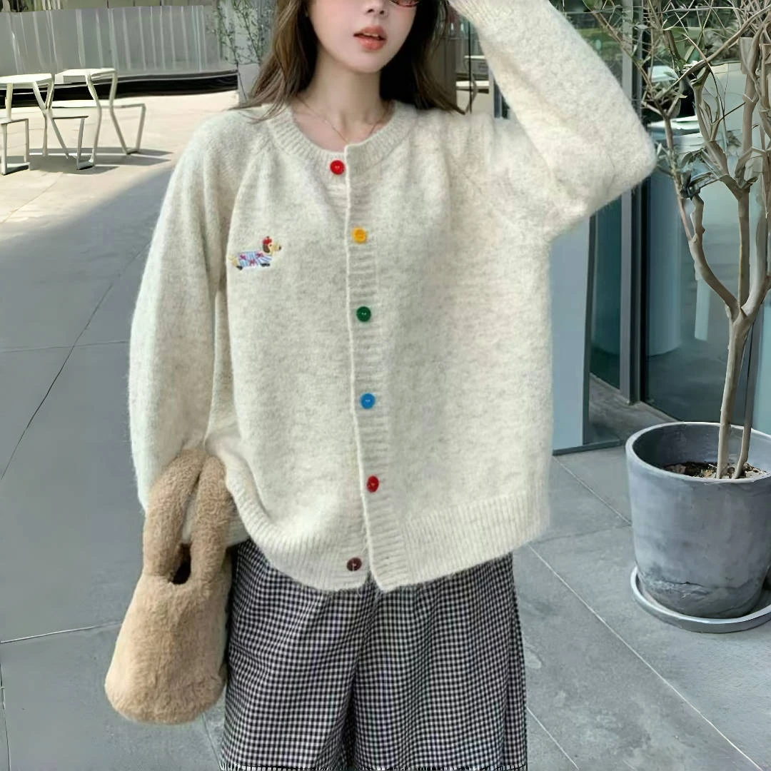 宽松刺绣开衫女卡通动漫毛针织衫长袖女装韩版圆领百搭上衣秋冬