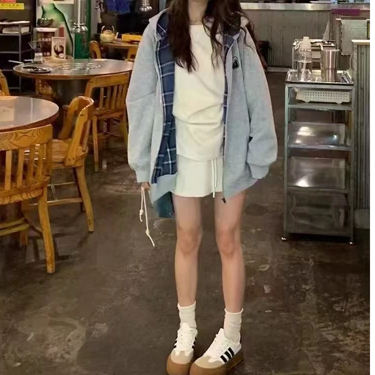 LD4421学生格子连帽春秋秋季慵懒风开衫INS