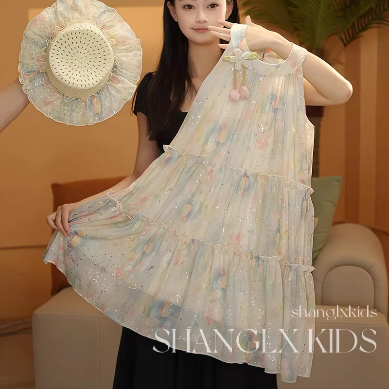 女童巨好看的连衣裙无袖挂脖沙滩裙夏薄款2025新款儿童高级感裙子